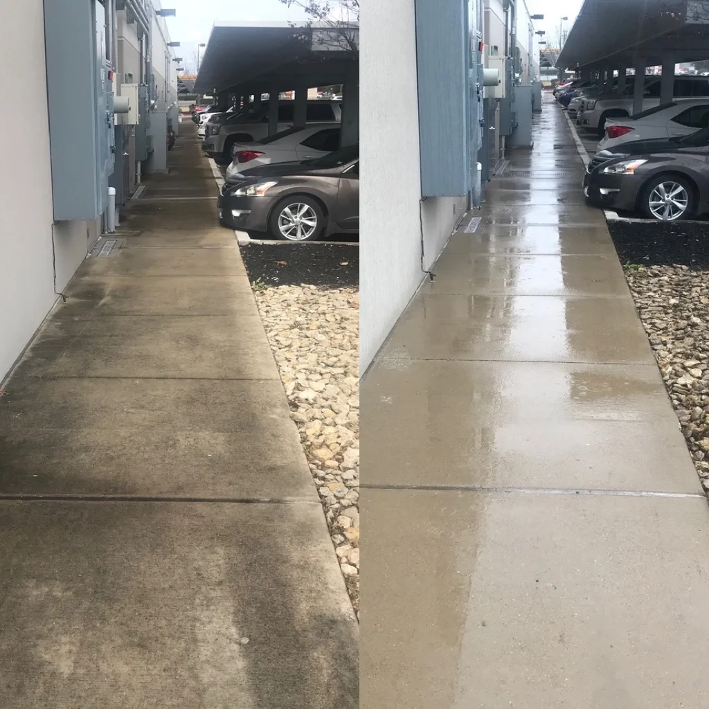 Commercial building exterior being professionally cleaned in Texoma