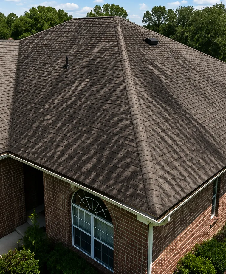 Roof with algae and black streaks before cleaning in Texoma